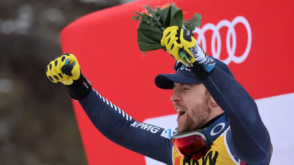 Alpine Skiing - FIS Alpine Ski World Cup - Men's Super G - Wengen, Switzerland - January 13, 2023 Norway's Aleksander Aamodt Kilde celebrates after winning on the podium REUTERS/Denis Balibouse