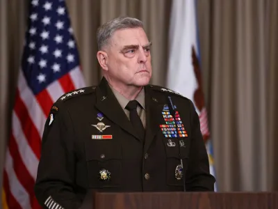U.S. Chairman of the Joint Chiefs of Staff Gen. Mark A. Milley looks on during a news conference with U.S. Secretary of Defense Lloyd Austin (not pictured), following their meeting in which they discuss how to help Ukraine defend itself, at Ramstein Air Base, Germany, January 20, 2023. REUTERS/Wolfgang Rattay