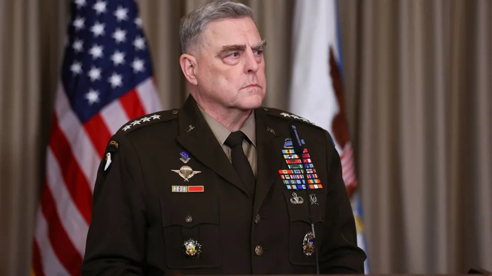 U.S. Chairman of the Joint Chiefs of Staff Gen. Mark A. Milley looks on during a news conference with U.S. Secretary of Defense Lloyd Austin (not pictured), following their meeting in which they discuss how to help Ukraine defend itself, at Ramstein Air Base, Germany, January 20, 2023. REUTERS/Wolfgang Rattay