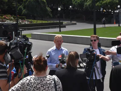 New Zealand Police Minister Chris Hipkins speaks to media outside Parliament House in Wellington, NZ, Saturday, January 21, 2023 New Zealand Police Minister Chris Hipkins is the sole candidate to succeed Jacinda Ardern as Labour leader and therefore the party's choice to become Prime Minister. (AAP Image/Ben McKay) NO ARCHIVING