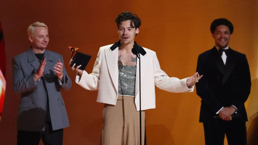 Harry Styles accepts the Album Of The Year award for "Harry's House" during the 65th Annual Grammy Awards in Los Angeles, California, U.S., February 5, 2023. REUTERS/Mario Anzuoni