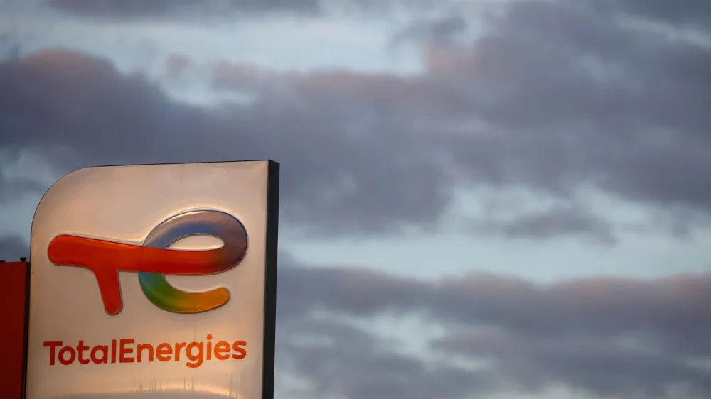 A sign with the logo of French oil and gas company TotalEnergies is pictured at a petrol station in Vertou near Nantes, France, October 26, 2022. REUTERS/Stephane Mahe