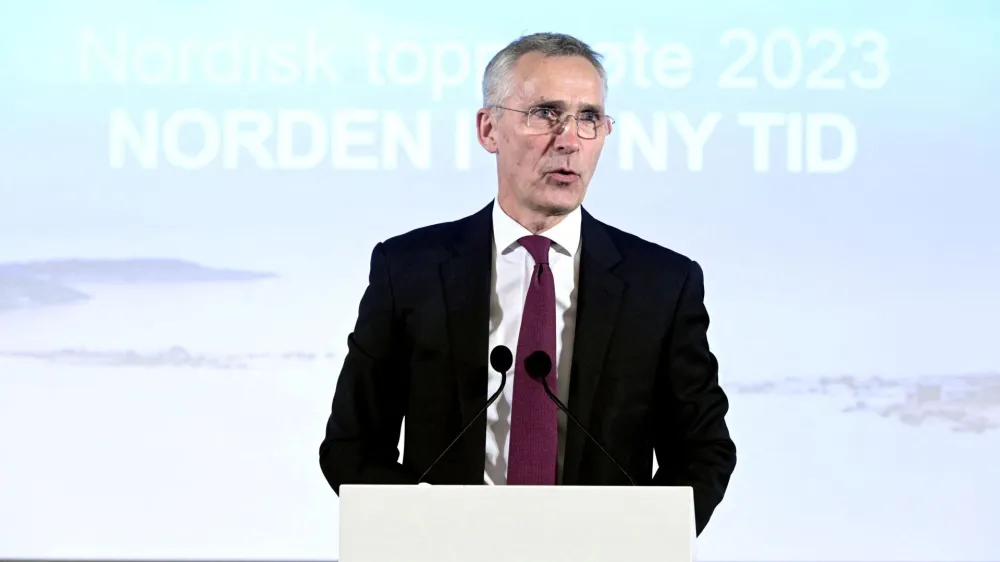 NATO Secretary General Jens Stoltenberg speaks during SAMAK's annual meeting, Co-operation Committee of the Nordic Social Democratic parties and trade union labour councils, in Helsinki, Finland, February 28, 2023. Lehtikuva/Heikki Saukkomaa via REUTERS ATTENTION EDITORS - THIS IMAGE WAS PROVIDED BY A THIRD PARTY. NO THIRD PARTY SALES. NOT FOR USE BY REUTERS THIRD PARTY DISTRIBUTORS. FINLAND OUT. NO COMMERCIAL OR EDITORIAL SALES IN FINLAND.