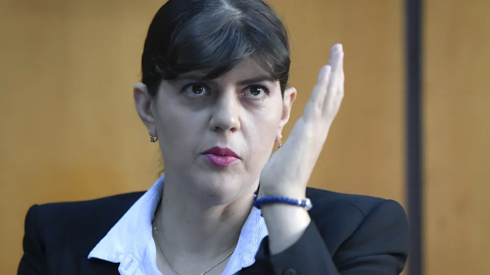 FILE - In this Friday, Oct. 4, 2019 file photo, European Union's chief prosecutor Laura Codruta Kovesi speaks in Bucharest, Romania. The European Union's chief prosecutor on Friday, Oct. 1, 2021 accused Slovenia of interfering in the EU's justice system and raised concerns about whether the 27-nation bloc's budget is protected from fraud or corruption. (AP Photo/Andreea Alexandru, File)