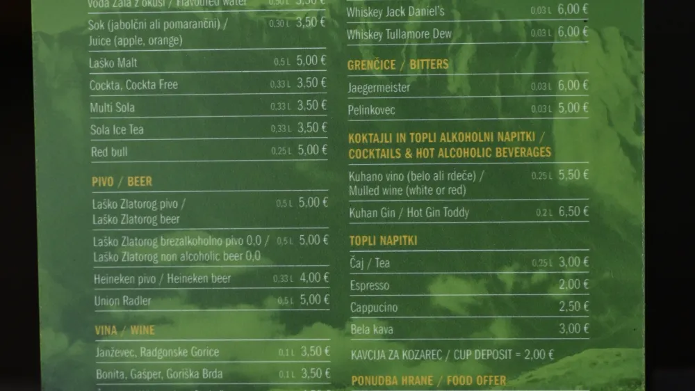 - cenik pijače - gostinstvo<br><br>- 28.02.2023 &ndash; Planica - plani&scaron;ki prostovoljci - 43. Svetovno prvenstvo v nordijskem smučanju PLANICA 2023<br><br> <br><br>//FOTO: Nik Erik Neubauer