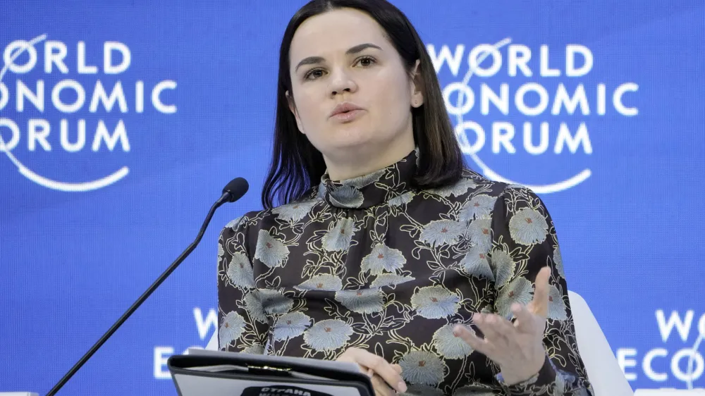 FILE - Sviatlana Tsikhanouskaya, leader of the Democratic Forces of Belarus, speaks at the World Economic Forum in Davos, Switzerland on Jan. 19, 2023. A court in Belarus on Monday March 6, 2023 sentenced exiled opposition leader Tsikhanouskaya to 15 years in prison after a trial in absentia on charges including conspiring to overthrow the government. (AP Photo/Markus Schreiber, File)