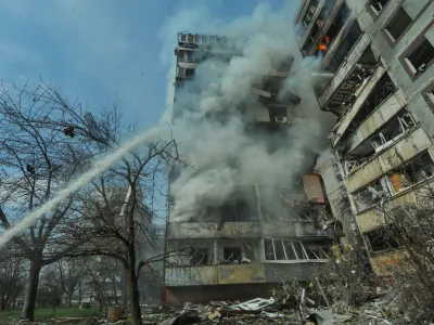 A view shows a residential building damaged by a Russian missile strike, amid Russia's attack on Ukraine, in Zaporizhzhia, Ukraine March 22, 2023. REUTERS/Stringer