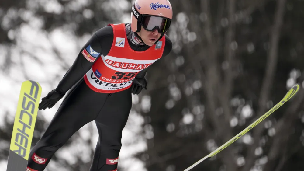 Austria's Stefan Kraft competes during trial round of the FIS Ski Flying World Cup in Oberstdorf, Germany, Saturday, March 19, 2022. (AP Photo/Matthias Schrader)