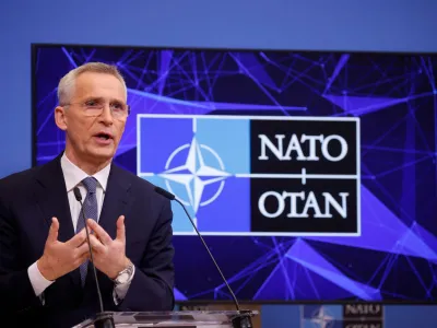 NATO Secretary-General Jens Stoltenberg attends a news conference before a meeting of NATO foreign ministers in Brussels, Belgium April 3, 2023. REUTERS/Johanna Geron