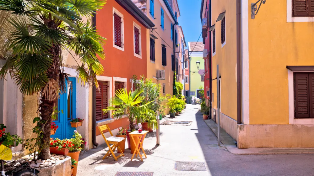 Idyllic colorful mediterranean street of Novigrad Istarski, town in archipelago of Istria, Croatia
