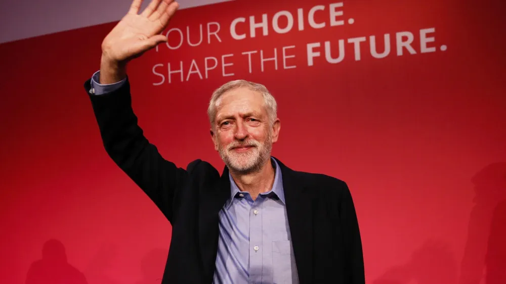 ﻿The new leader of Britain's opposition Labour Party Jeremy Corbyn waves after making his inaugural speech at the Queen Elizabeth Centre in central London, September 12, 2015. Avowed socialist and Karl Marx admirer Jeremy Corbyn was elected leader of Britain's opposition Labour party on Saturday, a result that may make a British EU exit more likely and which senior figures have said would leave their party unelectable. REUTERS/Stefan Wermuth