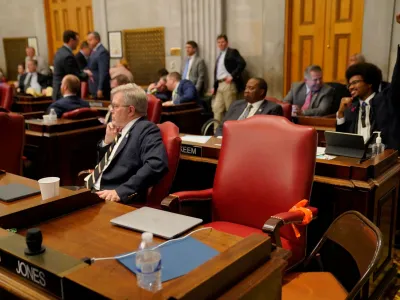 Rep. Justin Jones chair is seen empty and wrapped with a protest bandana ahead of a vote at the Tennessee House of Representatives to expel him for his role in a gun control demonstration at the statehouse last week, in Nashville, Tennessee, U.S., April 6, 2023. REUTERS/Cheney Orr
