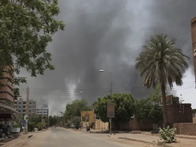 Smoke is seen rising in Khartoum, Sudan, Saturday, April 15, 2023. Fierce clashes between Sudan's military and the country's powerful paramilitary erupted in the capital and elsewhere in the African nation after weeks of escalating tensions between the two forces. (AP Photo/Marwan Ali)
