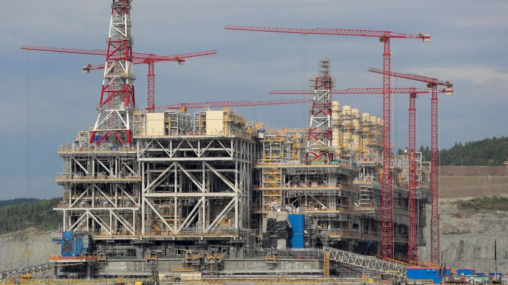 FILE PHOTO: A structure of Arctic LNG 2 under construction in a dry dock of the LNG Construction center near the settlement of Belokamenka, Murmansk region, Russia July 26, 2022. REUTERS/Stringer/File Photo