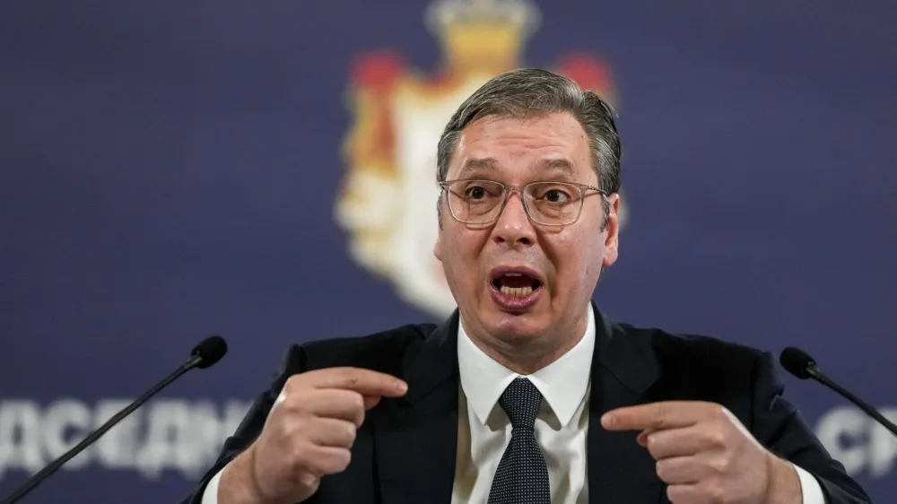 Serbian President Aleksandar Vucic speaks during a public address in Belgrade, Serbia, Thursday, March 16, 2023. EU foreign policy chief Josep Borrell said Thursday that he would convene the next high-level meeting between Vucic and Kosovo Prime Minister Albin Kurti in Ohrid, North Macedonia, on March 18. (AP Photo/Darko Vojinovic)