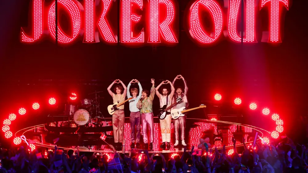 Joker Out from Slovenia gesture during the second semi-final of the 2023 Eurovision Song Contest in Liverpool, Britain, May 11, 2023. REUTERS/Phil Noble