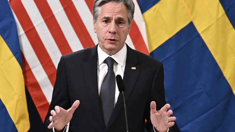 U.S. Secretary of State Antony Blinken speaks during a press meeting in Lulea, Sweden, Tuesday May 30, 2023. Blinken said Tuesday the "time is now" for Turkey to drop its objections to Sweden joining NATO but says the Biden administration also believes that Turkey should be provided with upgraded F-16 fighters "as soon as possible." (Jonas Ekströmer/TT News Agency via AP)