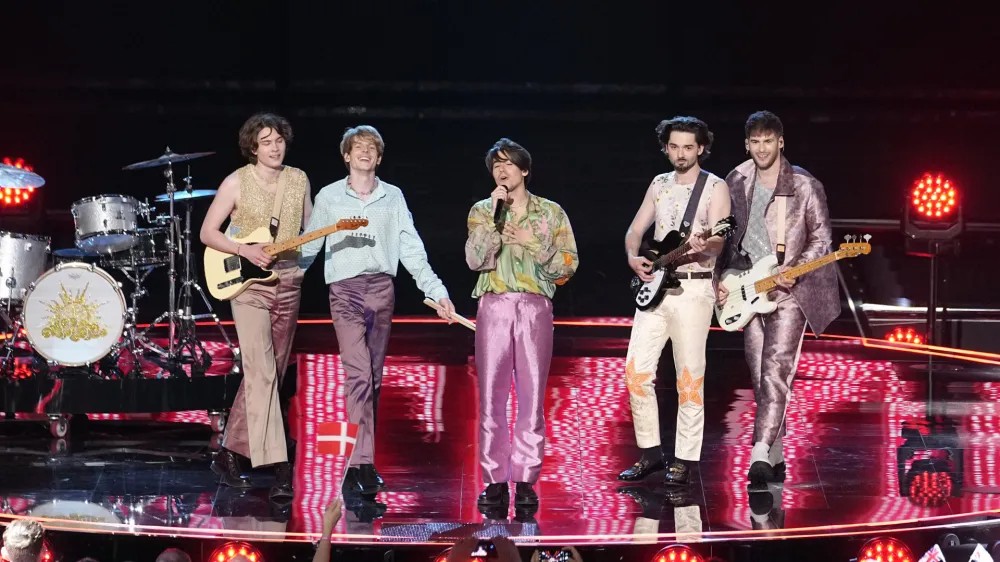 Joker Out of Slovenia performs during the second semi final at the Eurovision Song Contest in Liverpool, England, Thursday, May 11, 2023. (AP Photo/Martin Meissner)