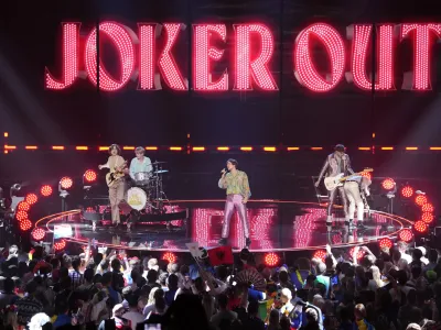 Joker Out of Slovenia performs during the Grand Final of the Eurovision Song Contest in Liverpool, England, Saturday, May 13, 2023. (AP Photo/Martin Meissner)