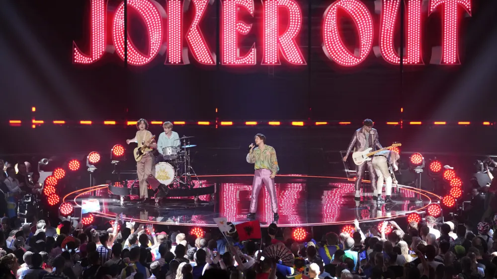 Joker Out of Slovenia performs during the Grand Final of the Eurovision Song Contest in Liverpool, England, Saturday, May 13, 2023. (AP Photo/Martin Meissner)