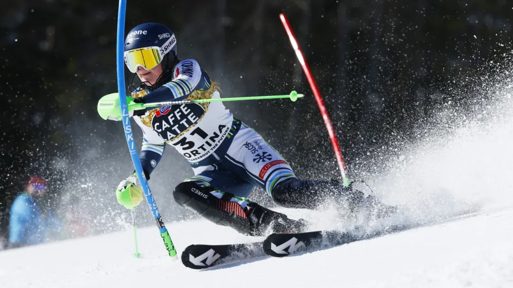 Alpine Skiing - FIS Alpine World Ski Championships - Cortina d'Ampezzo, Italy - February 20, 2021 Slovenia's Andreja Slokar in action during her first run in the Women's Slalom REUTERS/Denis Balibouse