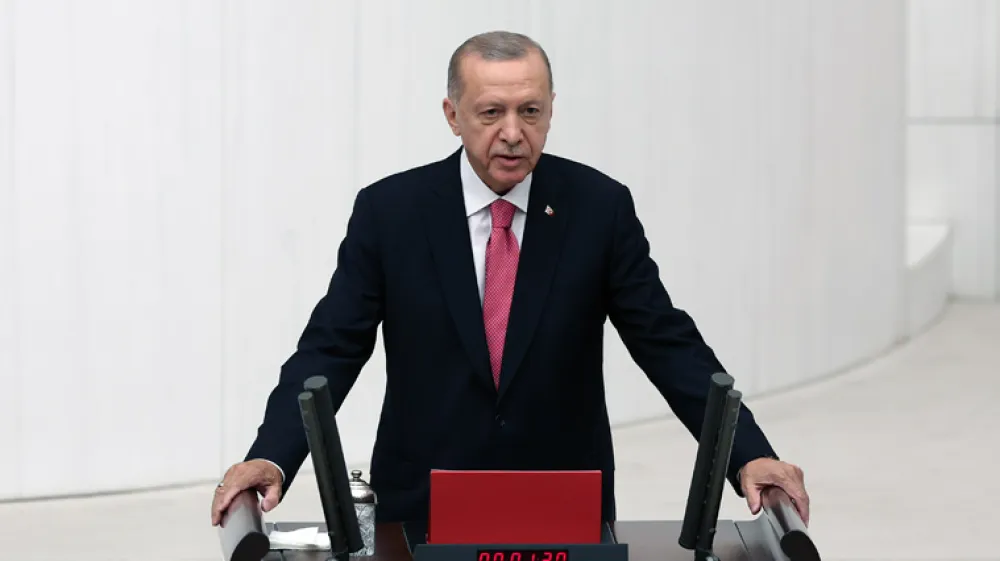 FILED - 03 June 2023, Turkey, Ankara: Turkish President Recep Tayyip Erdogan delivers a speech during the swearing-in ceremony at the Grand National Assembly of Turkey (GNAT). Photo: -/Turkish Presidency/dpa - ATTENTION: editorial use only and only if the credit mentioned above is referenced in full