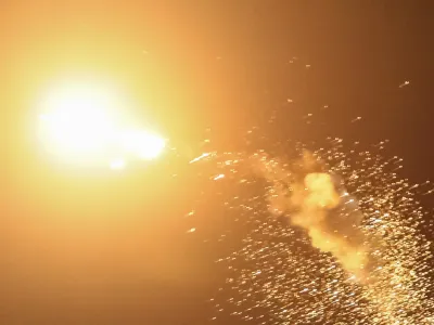 A view of an explosion of a drone in the sky over the city during a Russian drone strike, amid Russia's attack on Ukraine, in Kyiv, Ukraine July 13, 2023. REUTERS/Gleb Garanich