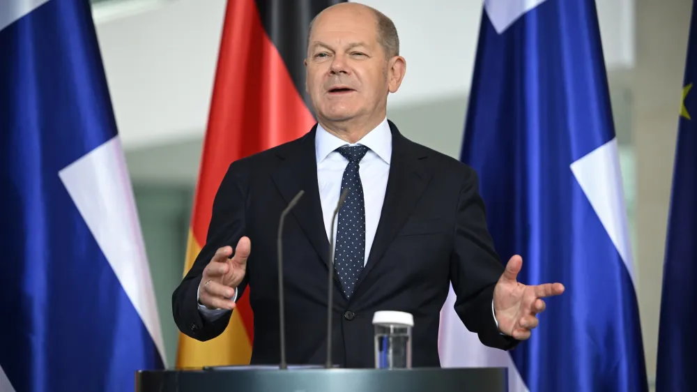14 July 2023, Berlin: German Chancellor Olaf Scholz speaks during a press conference with Finnish Prime Minister Petteri Orpo (Not Pictured) following their meeeting at the Chancellery. Photo: Britta Pedersen/dpa