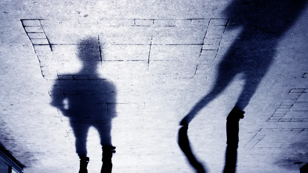 Upside down shadow of two person on pattered sidewalk, in black and white