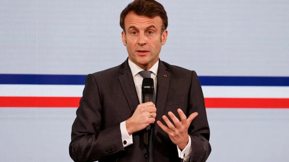 French President Emmanuel Macron delivers a speech during a plenary meeting of the Forum for the Islam of France (FORIF) at the Elysee Presidential Palace, in Paris, February 16, 2023. Ludovic Marin/Pool via REUTERS
