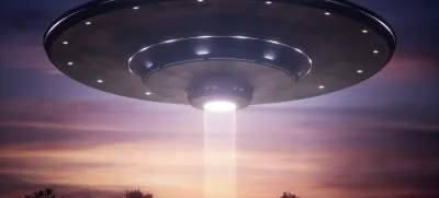 ﻿3D illustration. Spacecraft alien floating over the trees with tractor beam.