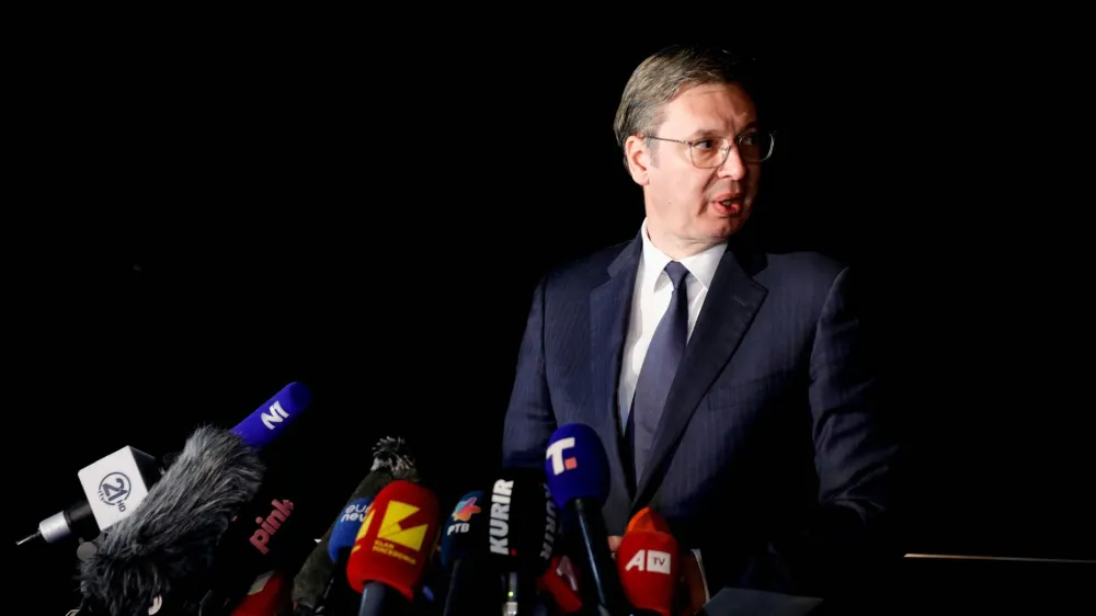 Serbian President Aleksandar Vucic speaks to the media, in Ohrid, North Macedonia March 18, 2023.REUTERS/Ognen Teofilovski