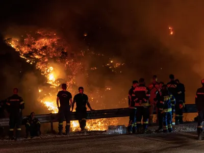 Firefighters look at a wildfire burning on Mount Parnitha, in Athens, Greece, August 24, 2023. REUTERS/Nicolas Economou   TPX IMAGES OF THE DAY