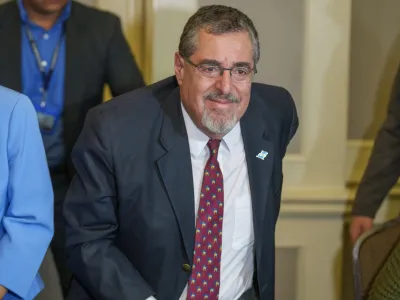 President-elect Bernardo Arevalo gives a press conference in Guatemala City, Monday, Aug. 28, 2023. The Central American country's top electoral tribunal declared Arevalo the winner of the presidential election just hours after another part of the government suspended his Seed Movement party. (AP Photo/Moises Castillo)