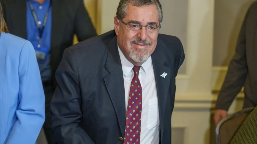 President-elect Bernardo Arevalo gives a press conference in Guatemala City, Monday, Aug. 28, 2023. The Central American country's top electoral tribunal declared Arevalo the winner of the presidential election just hours after another part of the government suspended his Seed Movement party. (AP Photo/Moises Castillo)