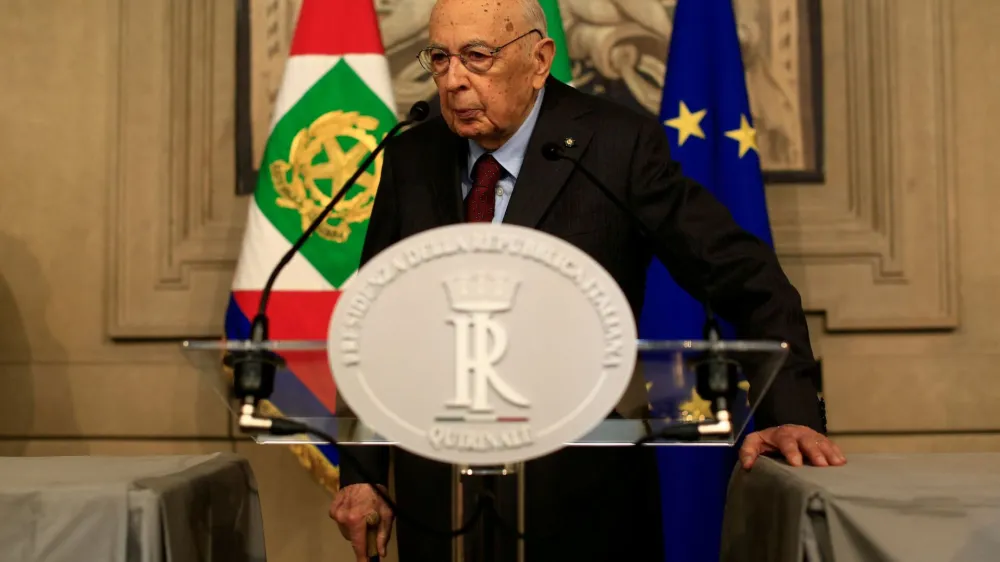 FILE PHOTO: Former Italian President and senator Giorgio Napolitano speaks following a talk with Italian President Sergio Mattarella at the Quirinal Palace in Rome, Italy, April 13, 2018. REUTERS/Tony Gentile/File Photo