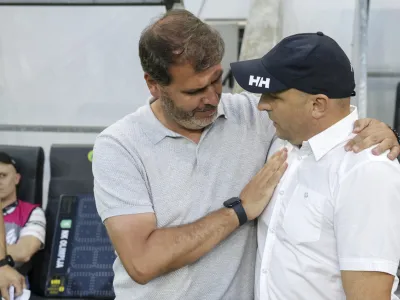 trener NK Olimpija Joao Henriques, trener Nk Rogaška Oskar Drobne- 29.07.2023 – nogomet – Olimpija: Rogaška, Prva liga Telemacha, 2. krog: //FOTO: Jaka Gasar