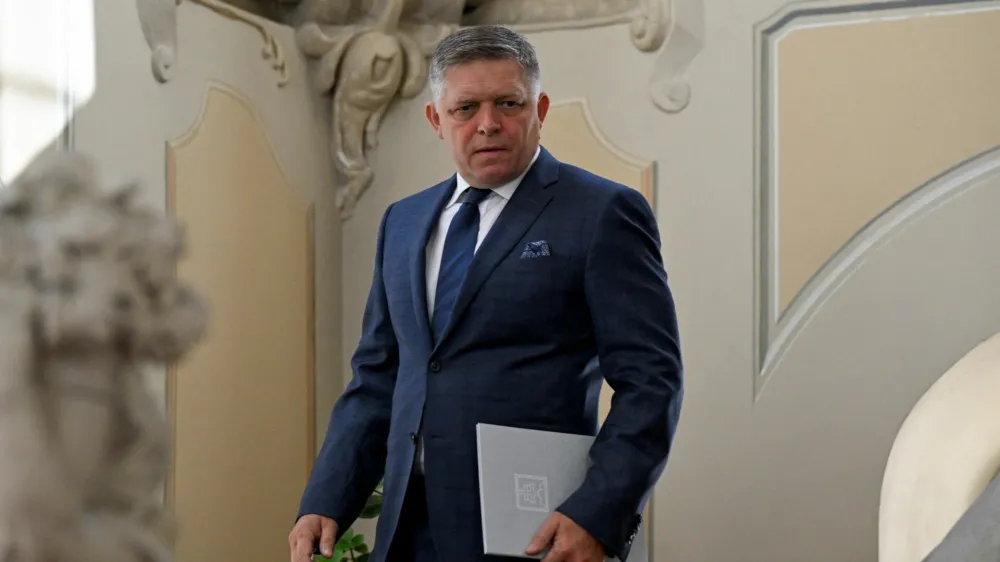 Robert Fico, whose SMER-SSD party won the country's early parliamentary elections, looks on, on the day he meets with Slovak President Zuzana Caputova to receive a political mandate to start negotiations to form a new government, in Bratislava, Slovakia, October 2, 2023. REUTERS/Radovan Stoklasa