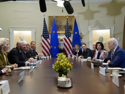 President Joe Biden meets with European Council President Charles Michel and European Commission President Ursula von der Leyen in the Cabinet Room of the White House, Friday, Oct. 20, 2023, in Washington. (AP Photo/Evan Vucci)