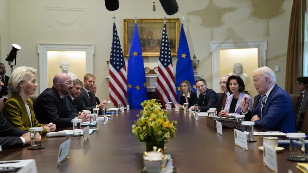 President Joe Biden meets with European Council President Charles Michel and European Commission President Ursula von der Leyen in the Cabinet Room of the White House, Friday, Oct. 20, 2023, in Washington. (AP Photo/Evan Vucci)