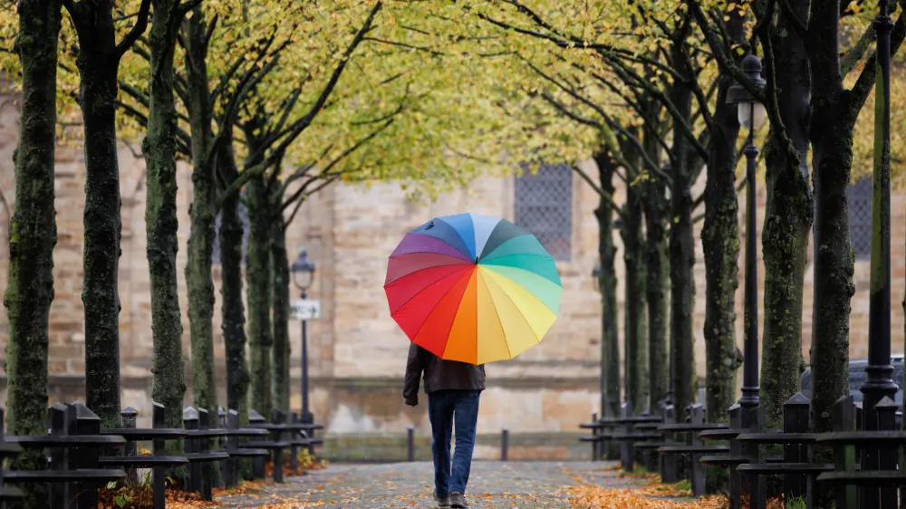 20 October 2023, Lower Saxony, Osnabr&uuml;ck: A man walks with a rainbow-colored umbrella through an avenue of trees bearing autumn leaves. Photo: Friso Gentsch/dpa