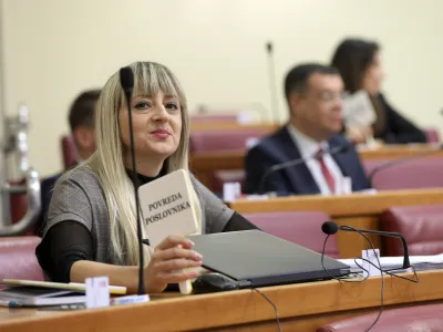 While Prime Minister Andrej Plenkovic came to the Parliament and in the continuation of the session presented the annual report of the Government of the Republic of Croatia, the MPs expressed their dissatisfaction with noise, in Zagreb, Croatia, on Oct 24, 2023. Photo: Patrik Macek/PIXSELL/Sipa USANo Use Germany.