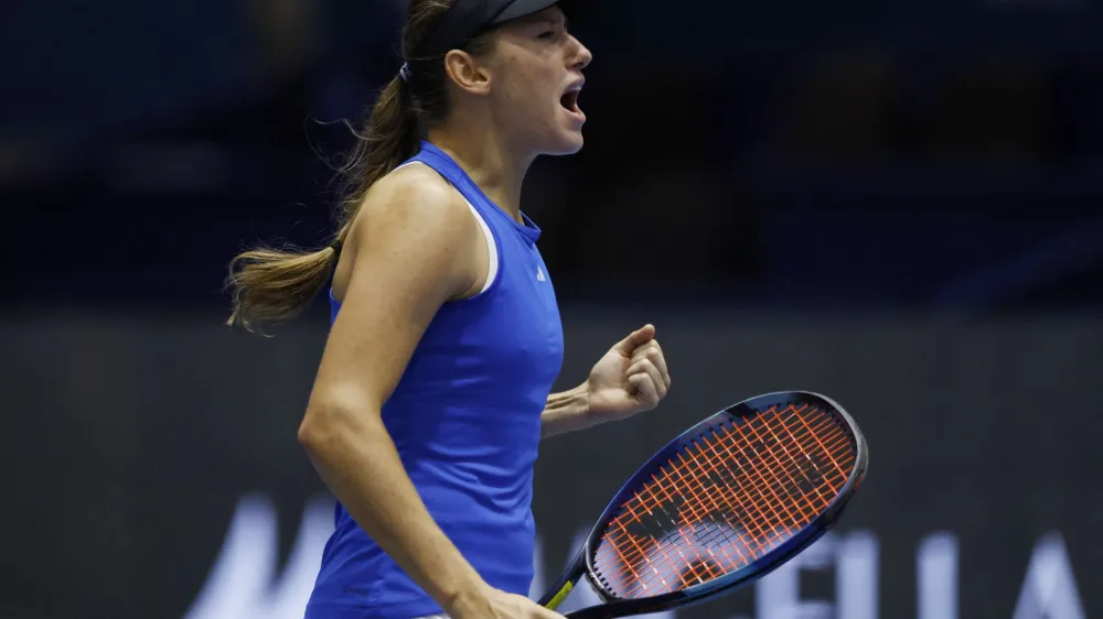 Tennis - Billie Jean King Cup Finals - Estadio de La Cartuja, Seville, Spain - November 7, 2023 Slovenia's Kaja Juvan reacts during her match against Australia's Ajla Tomljanovic REUTERS/Marcelo Del Pozo