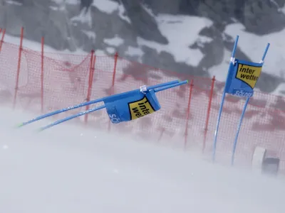 Alpine Skiing - FIS Alpine Ski World Cup - Men's Giant Slalom - Soelden, Austria - October 29, 2023 A ski gate is pictured as it gets hit by strong winds during the first run REUTERS/Leonhard Foeger