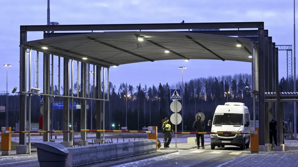 A van at the Nuijamaa, a border station between Russia and Finland in Lappeenranta, Finland, Thursday, Nov. 16, 2023. Finland's government says it will close four crossing points on its long border with Russia to stop the flow of migrants that it accuses Moscow of ushering to the border in recent months. Finnish officials say they will be closed at midnight Friday on the land border that serves as the European Union's external border. (Vesa Moilanen/Lehtikuva via AP)