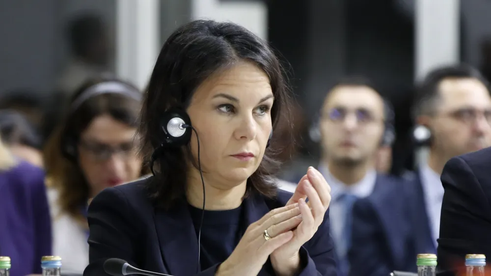 German Foreign Minister Annalena Baerbock attends the plenary session of the OSCE (Organization for Security and Co-operation in Europe) Ministerial Council meeting, in Skopje, North Macedonia, on Thursday, Nov. 30, 2023. (AP Photo/Boris Grdanoski)