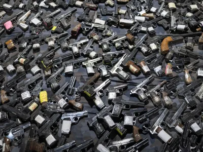 Weapons handed over to police in the first ten days of gun amnesty are pictured in police storage following mass shootings in the country, near Smederevo, Serbia, May 14, 2023. REUTERS/Marko Djurica