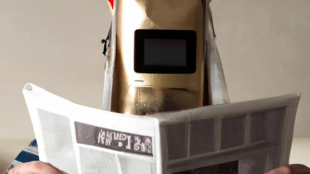 Človek z računalni&scaron;kim monitorjem namesto glave med prebiranjem časopisa. Fotografijo je izdelala umetna inteligenca Dall-E 2.