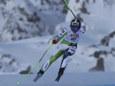 Slovenia's Ilka Stuhec speeds down the course during an alpine ski, women's World Cup downhill race, in Val d'Isere, France, Saturday, Dec. 16, 2023. (AP Photo/Marco Trovati)