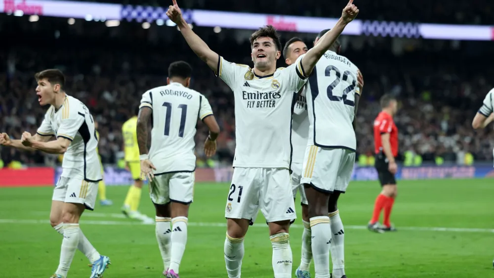 Soccer Football - LaLiga - Real Madrid v Villarreal - Santiago Bernabeu, Madrid, Spain - December 17, 2023 Real Madrid's Brahim Diaz celebrates scoring their third goal REUTERS/Isabel Infantes